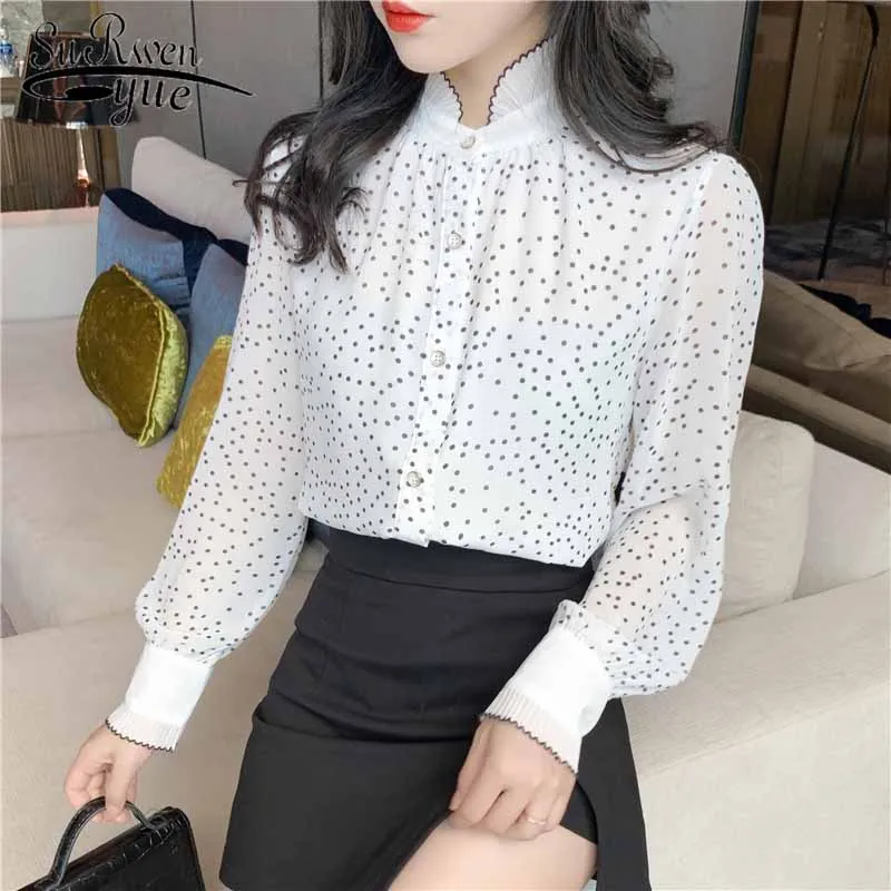 

Vintage Shirt Polka Dot Shirts Women 2021 Autumn Long Sleeve Chiffon Woman's Blouses Stand-Collar Korean Cardigan Blusas 10953