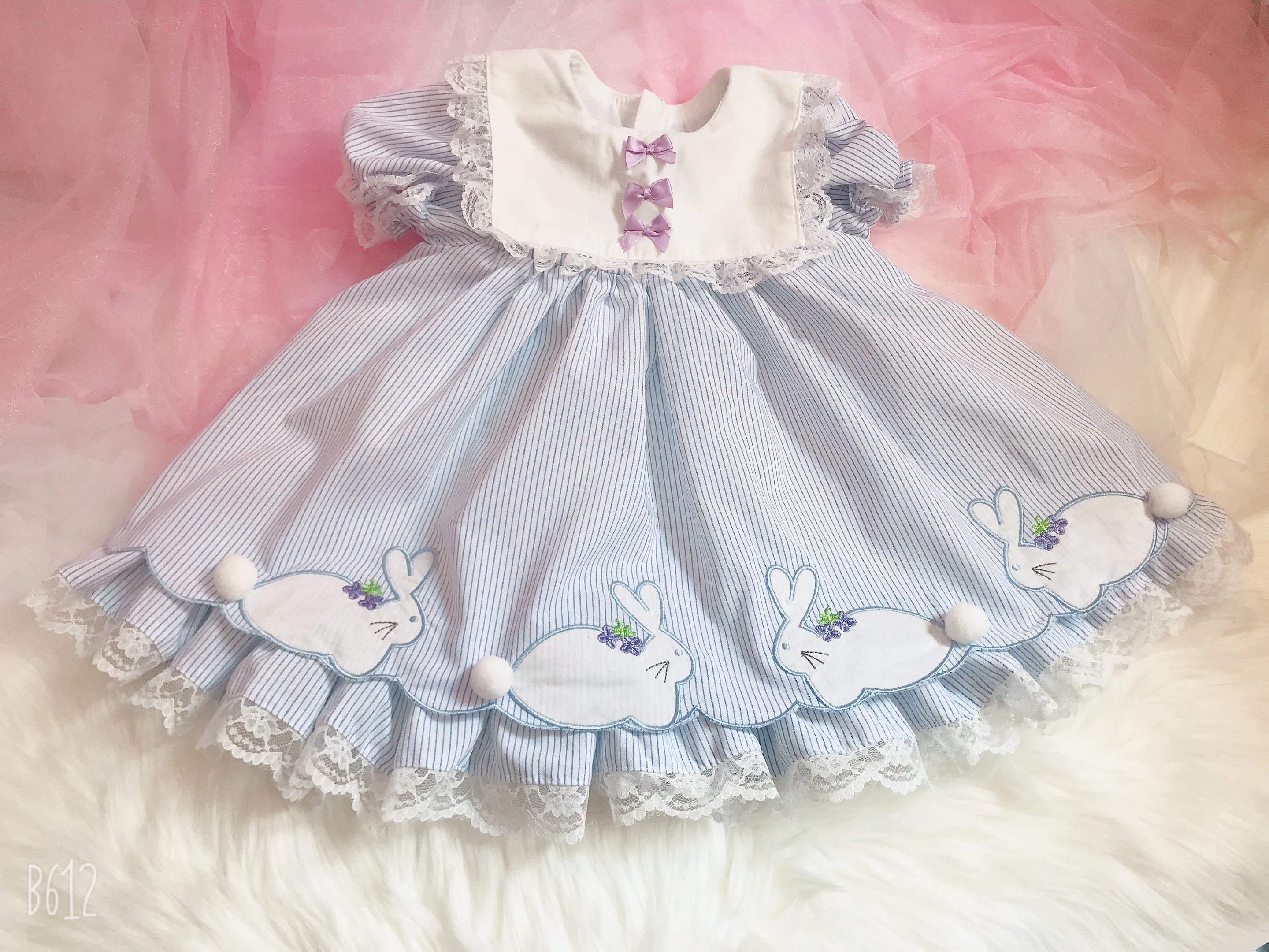 Summer Rabbit Embroidered Turkish Princess Dress for Baby Girls - Vintage Spanish Pompom Gown Perfect for Easter, Birthdays, and Casual Wear image 2