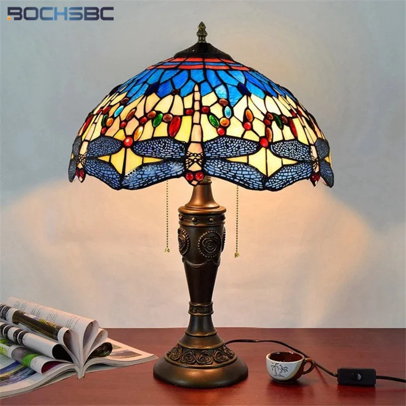 

BOCHSBC Tiffany Stained Glass Living Room Dining Room Bedroom Bedside Zipper Table Lamp Mediterranean Blue Dragonfly Dia40cm