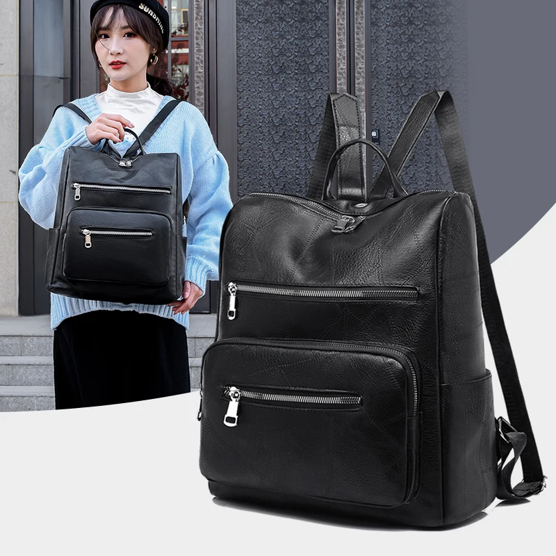 

Black Women Leather Backpack with Headphone Plug Large Capacity Fashion Retro Backpacks Female Hot Sale Multiple Pockets Backbag