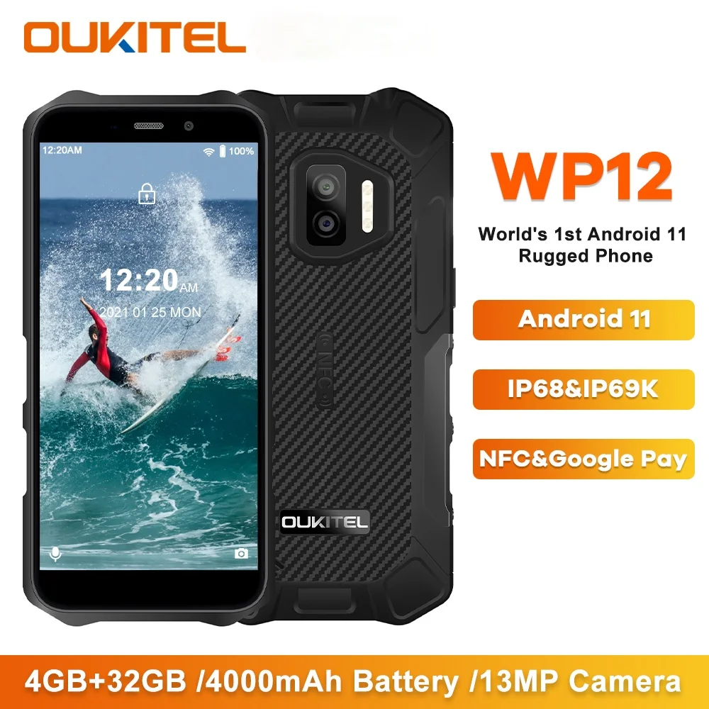 

OUKITEL WP12 NFC 4GB RAM+32GB ROM IP68/IP69K Waterproof Rugged Smartphone Android 11 5.5''HD+ Display 4000mAh 13MP Mobile Phone