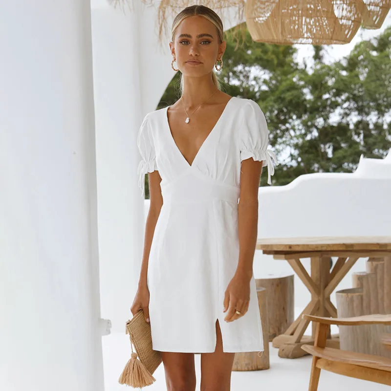 

2021 Elegant White Deep V Neck Dress Women Slim Puff Sleeve Spring Summer Casual French Side Slit Black Mini Dress Vestidos