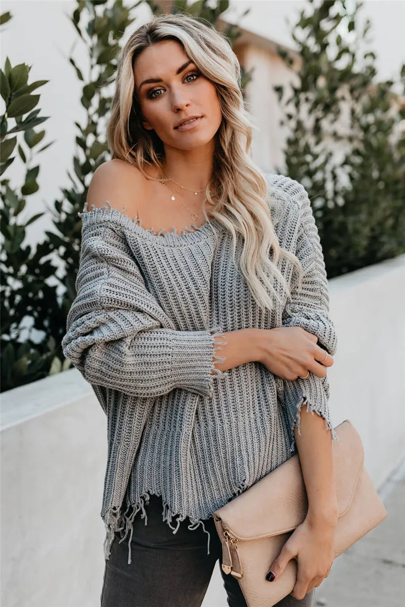 Women Tainted Love Cotton Distressed Sweater Pullover Textured Deep V-Neck Long Sleeve Casual Loose Fit Tops Highstreet Outwear | Женская