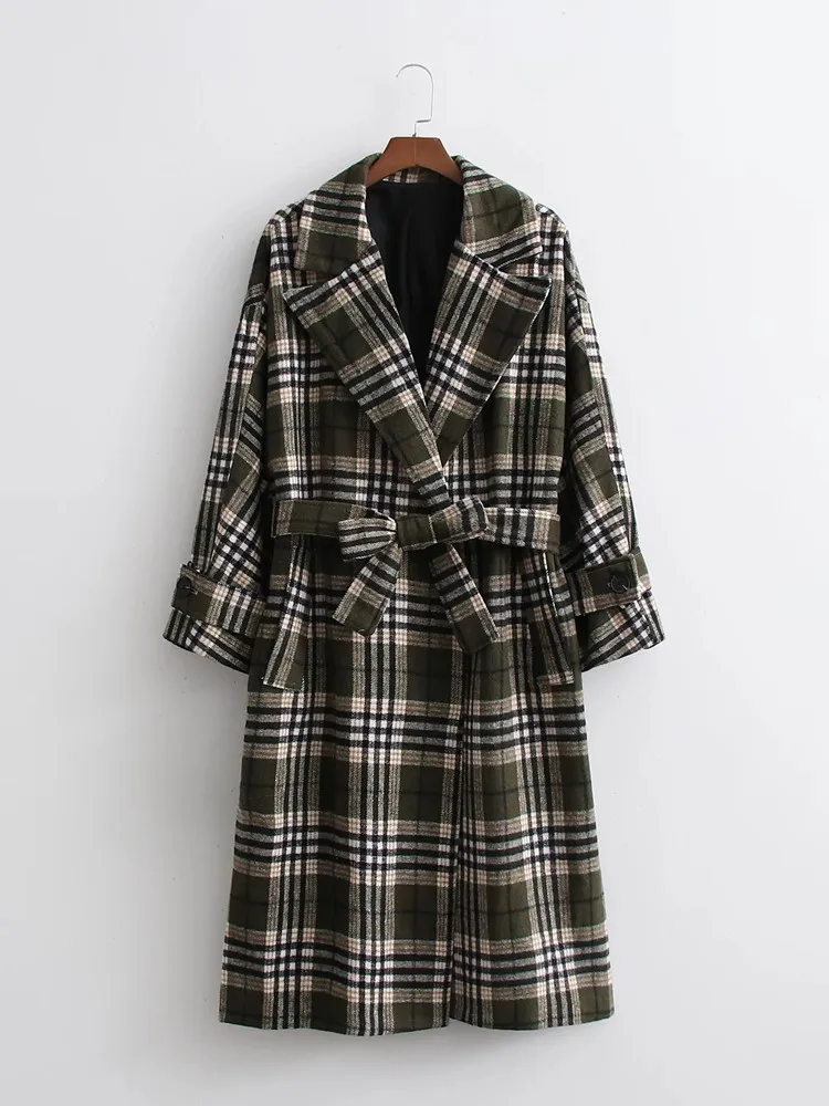 

Женское винтажное пальто с поясом, клетчатое пальто с длинным рукавом и отложным воротником, офисное повседневное пальто для осени и зимы, ...