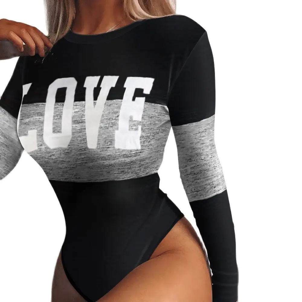 

2022 Women Spring Casual Corset T-Shirts LOVE Letter Print Long Sleeve Skinny Bodysuit Top Slim Fit Sexy One Piece Suit Autumn