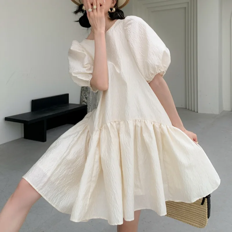 

Женское жаккардовое платье с коротким рукавом, бежевое вечернее платье с пышными рукавами и открытой спиной, модель U609 на лето, 2021