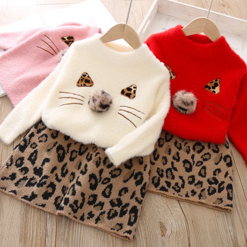 Повседневный Леопардовый свитер и юбка для маленьких девочек комплект из двух