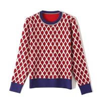women new vintage red leaf jacquard warm sweaters long sleeve o neck lurex christmas pullovers autumn knitted retro tops