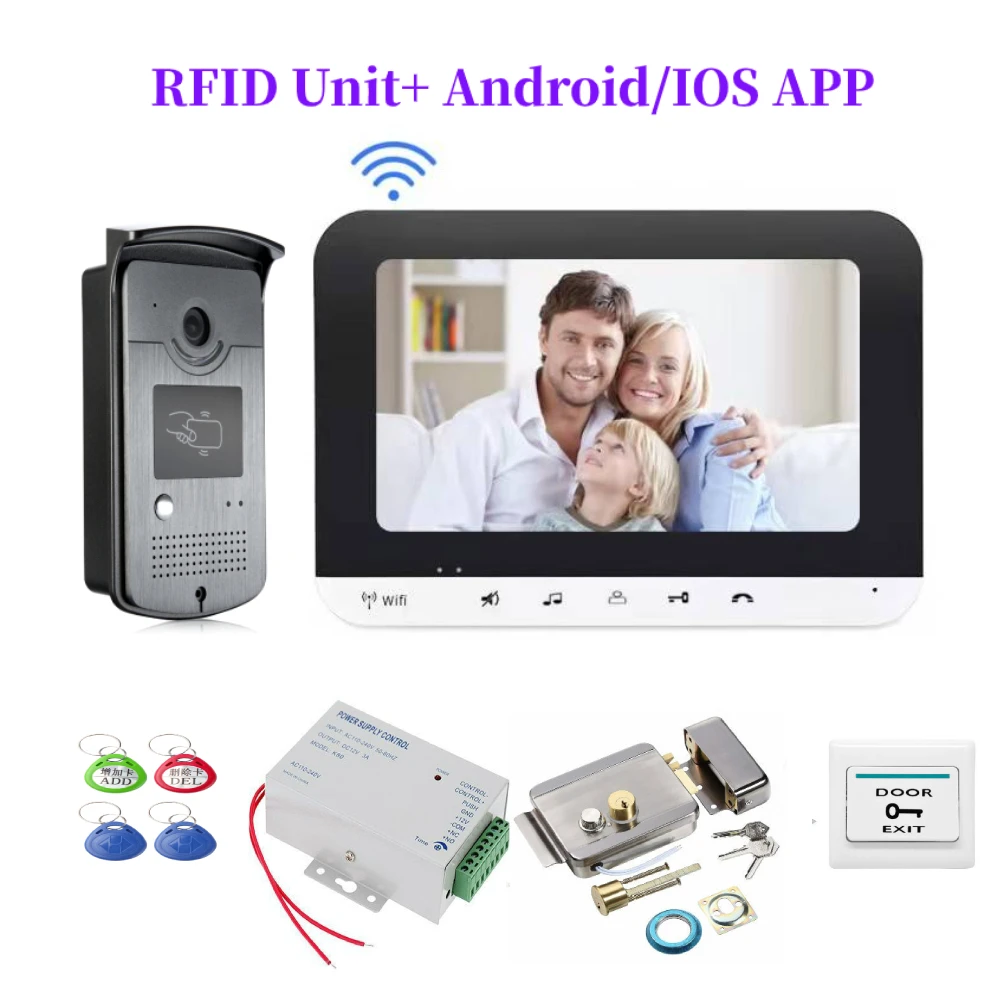 Видеодомофон с 7-дюймовым экраном и Wi-Fi система белсветильник ночным видением RFID
