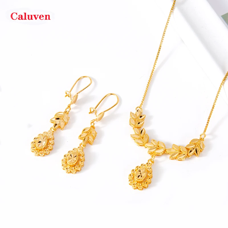 Dubai Jewelry Sets for Women 18k Gold Color Love Ethiopian African Heart Necklace Earrings Arab Bridal Dowry | Украшения и