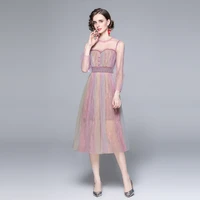 brand designer gradient colour mesh a line dress womens fashion long sleeve vintage spring sweet casual midi dresses