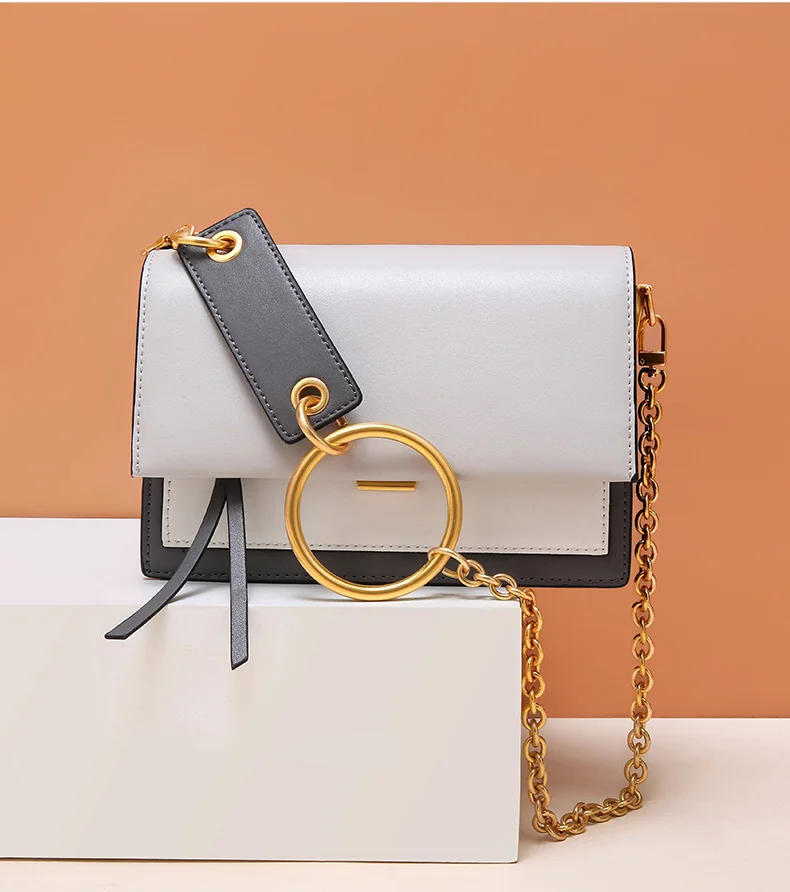 ESUFEIR Кожаная сумка на длинном ремне для женщин Vintage Flap Bag Модная цепочка с круглым кольцом Женская сумка через плечо Маленькие женские сумки