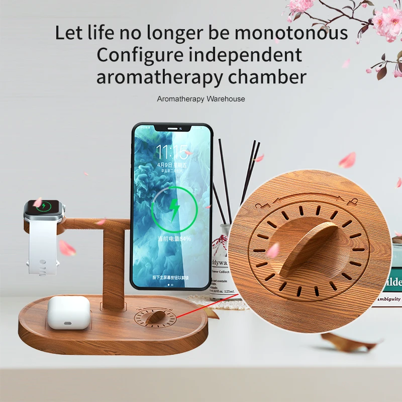 2021 new 15w magnetic 3 in 1 bamboo wood wireless charger station for mobile phone smart watch earplugs with aroma fast charger free global shipping