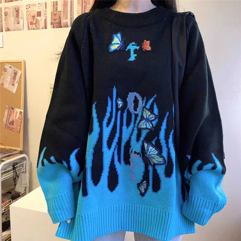 

Flame Print Sweater Women Winter Casual Oversized Pullover Knitwear Long Sleeve Couples Pullovers
