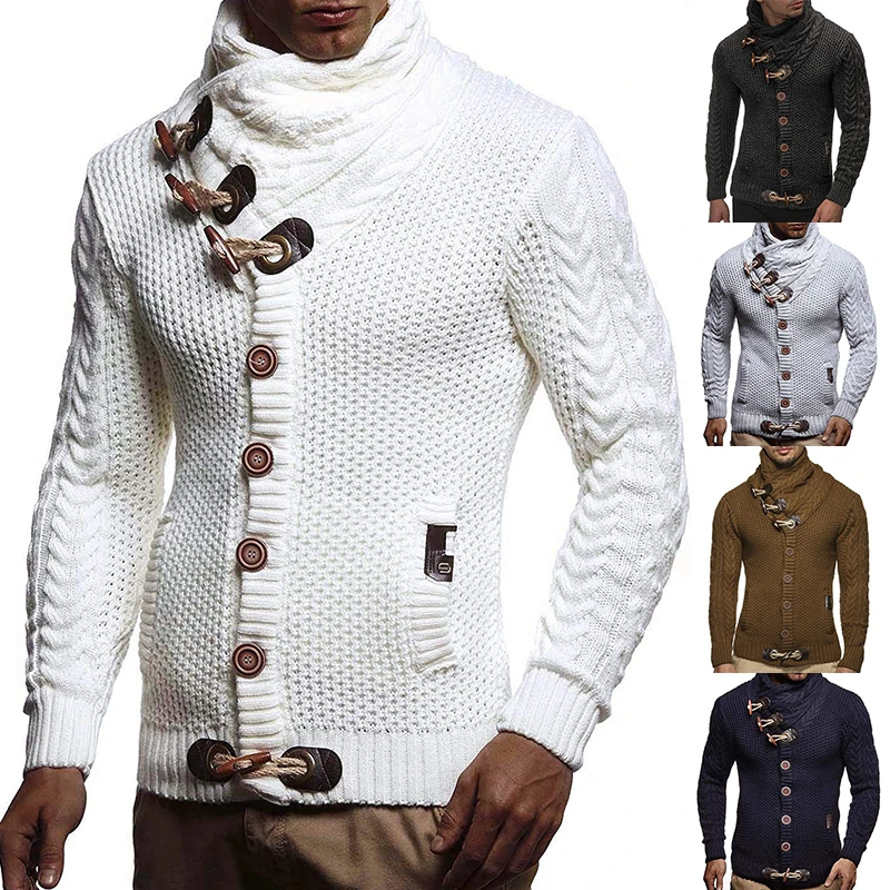 

Мужской облегающий однобортный Кардиган с высоким воротником, трикотажный свитер с длинным рукавом для мужчин, однотонный теплый джемпер