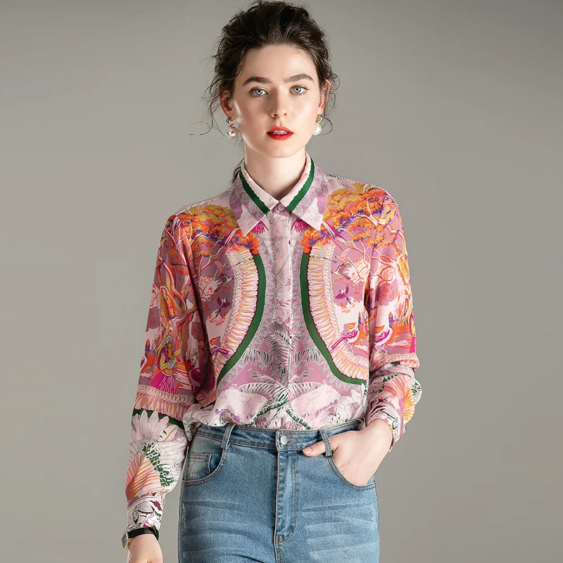 

100% Natural Silk Women Tops Blouses Fashion Turn-down Collar Long Sleeve Print Pure Real Silk Lady Shirt Blouse Spring Summer