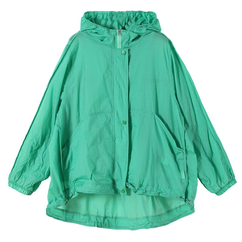 

IEQJ Summer 2021 New Female Loose Green Casual Large Size Literary Hooded Hem Drawstring Pocket Sun Protection Jacket 3F0604