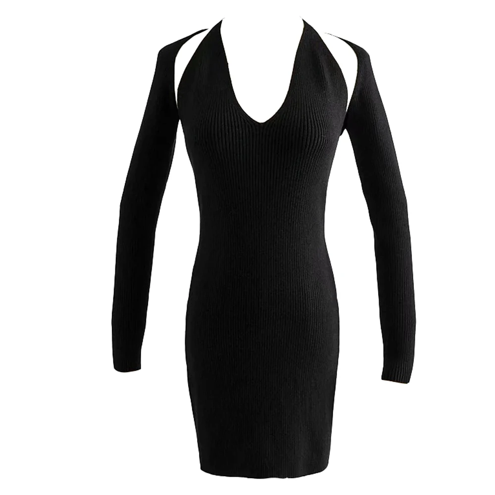 

Woman 2 Pcs Long Sleeve Knitted Bodycon V neck Mini Dress