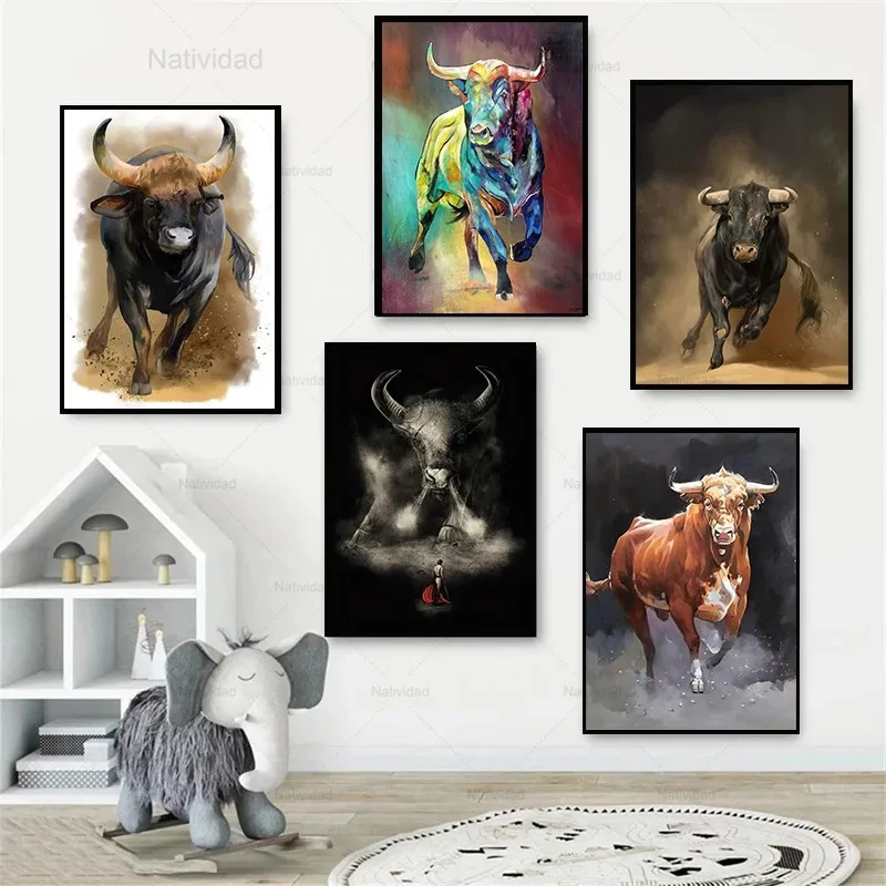 

Vintage Canvas Painting Abstract Animal Colorful Bull Oil Wall Art Poster and Prints Pictures Living Room Home Decoration