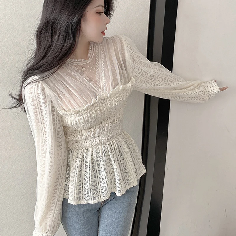 Женская шифоновая блузка с длинным рукавом Весенняя кружевная винтажная высокой