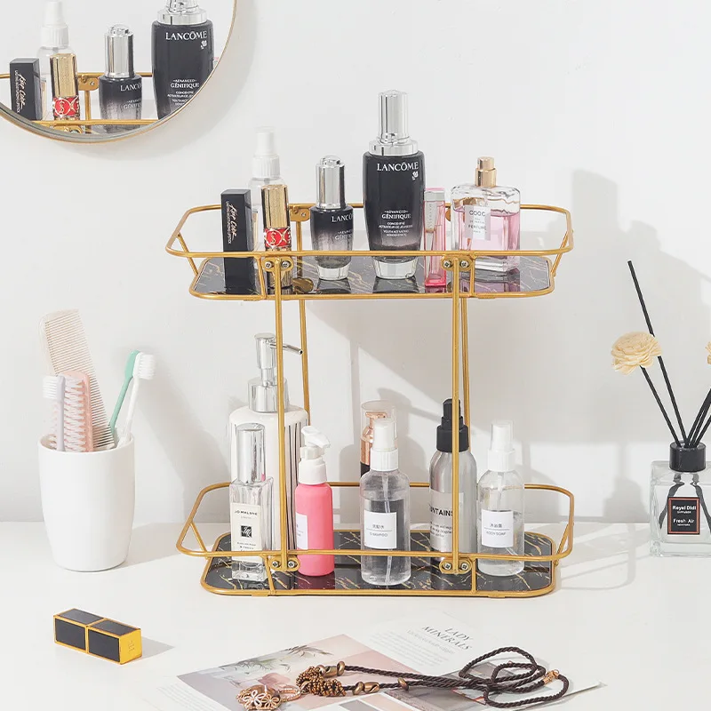 Fashion Multi-layer Metal Tray Wrought Iron Home Gold Shelf Desktop Cosmetic Storage Rack Cosmetic Storage Box Organizer