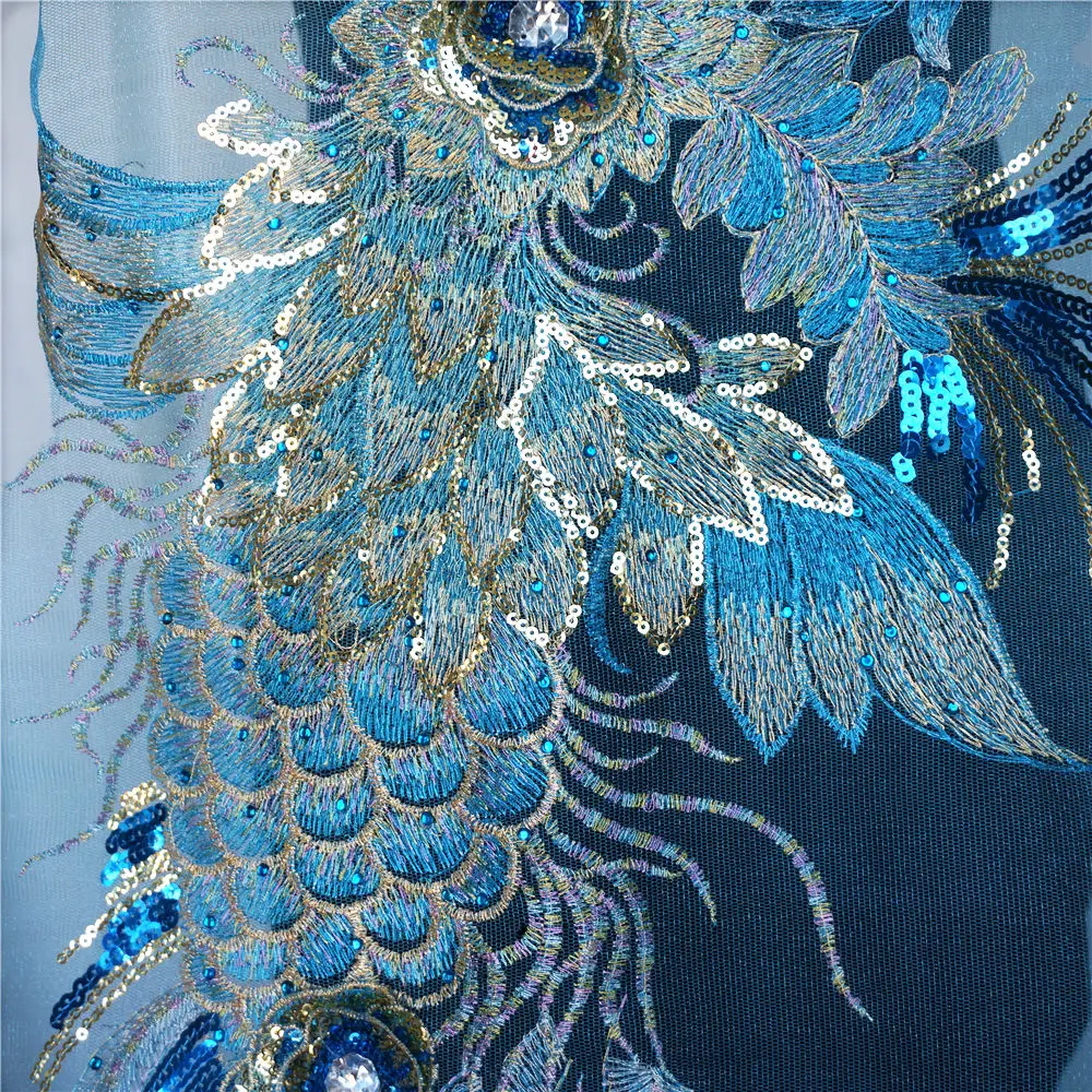 130 см Небесно-Голубой Феникс Павлин кружевной ткани блесток цветок горный