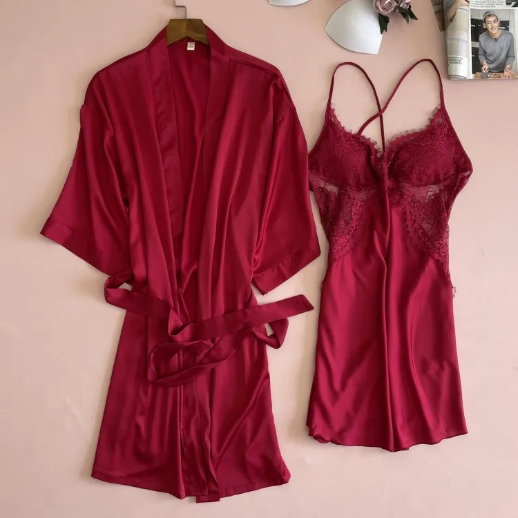 

Women Blue Lace Sleepwear Satin Kimono Robe Set Sexy Intimate Lingerie Summer New Home Clothing Nightwear Casual Homewear