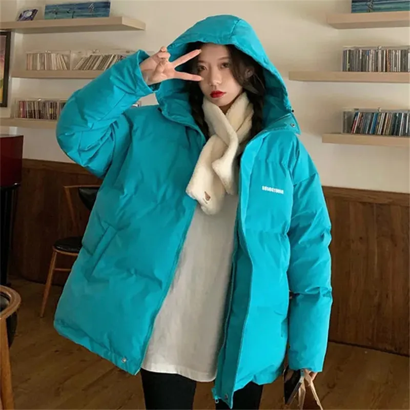 Winter Thick Woman Jacket Parka Coat New Splicing Hooded Loose Solid Color Zipper Pocket Cotton Warm Simple Commuter Top Female