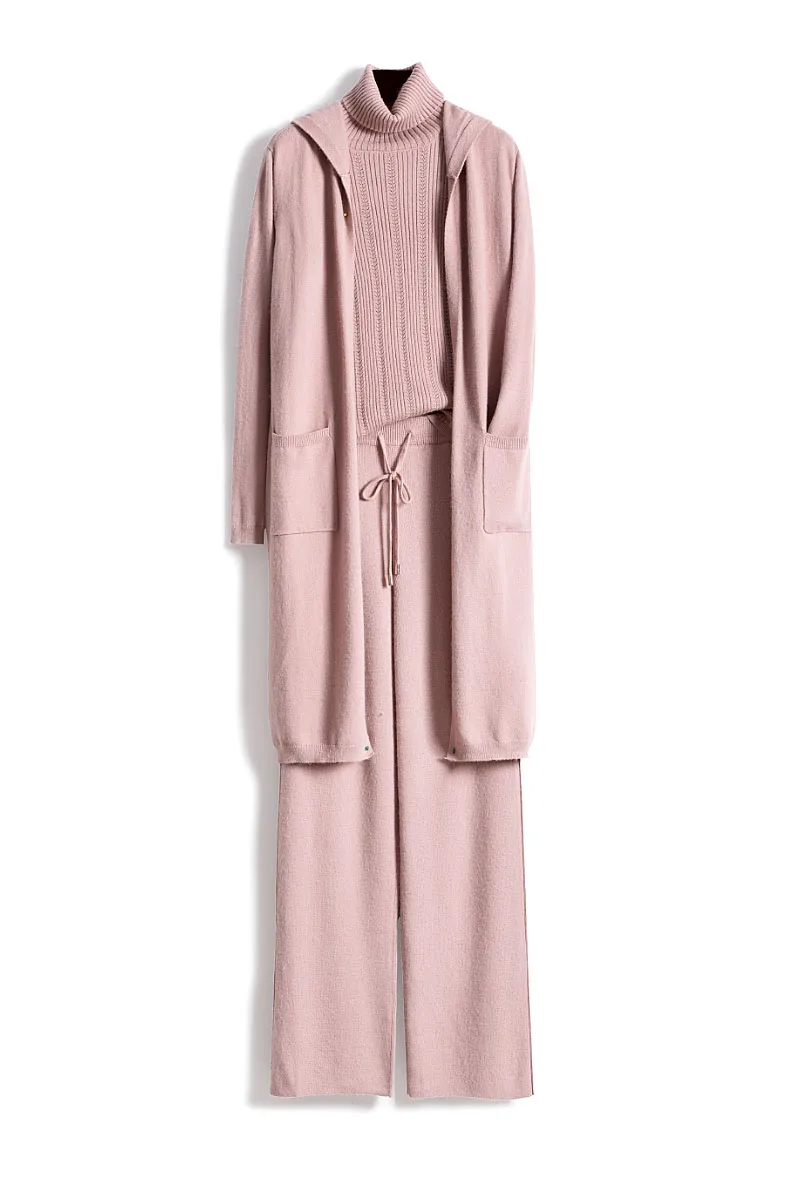 

Women Real Cashmere Knit 3 Piece Set 2020 New Fashion Temperament Turtleneck Sweater Cardigan Wide Leg Pants Winter Three-piece