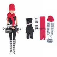 16 bjd doll clothes for barbie dress outfits set black jumpsuit red hat scarf sleeves bag socks 11 5 doll accessory kids toys