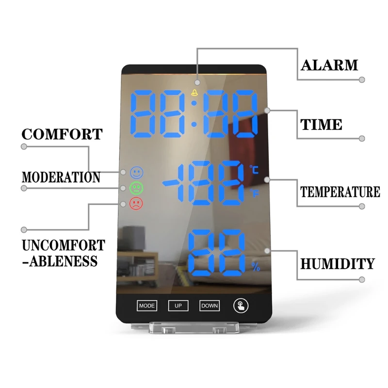 

6 Inch Smart Digital LED Mirror Alarm Clock Phone Charger with 4-Level Brightness Temperature Humidity Display Decor