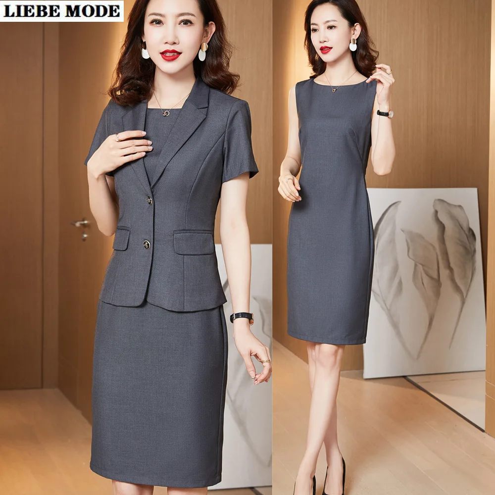 

Summer Office Ladies Business Formal Suits Women Short Sleeve Blazer Bodycon Dress 2 Piece Set Outfit Work Wear Grey Clothing