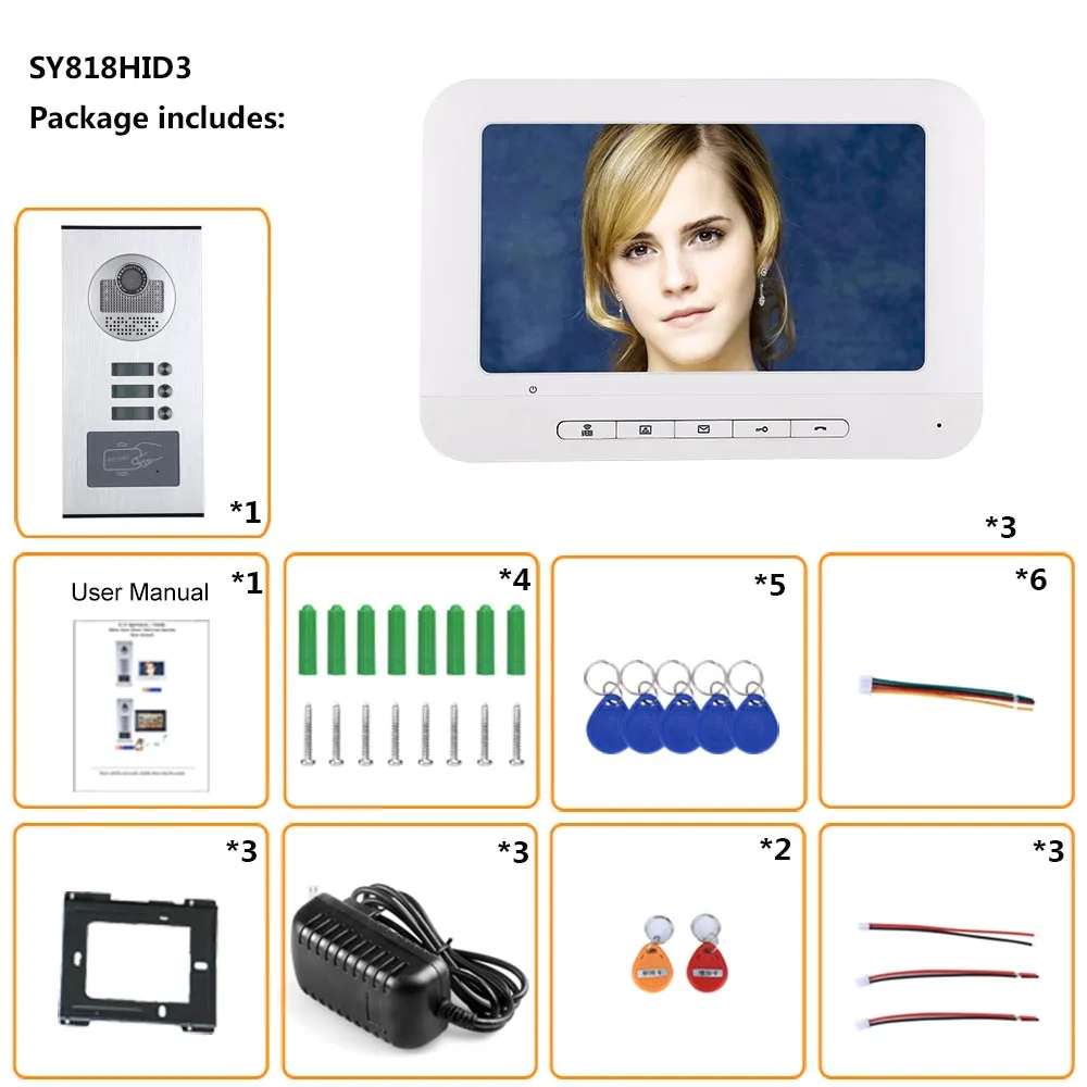 

7 inch Family Video Door Phone Intercom System Waterproof RFID IR-CUT HD 1000TVL Camera Doorbell Camera with 3 button 3 Monitor