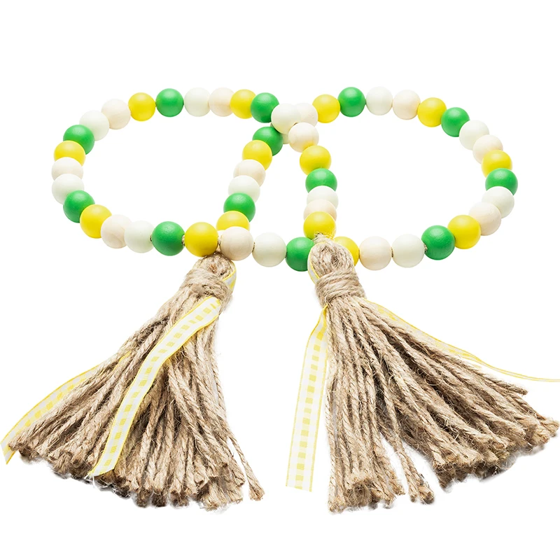 

Lemon Wood Beads Garland Tassel Summer Tassel Farmhouse Rustic Beads with Jute Rope Plaid Tassel Natural Wood Beads Decorations