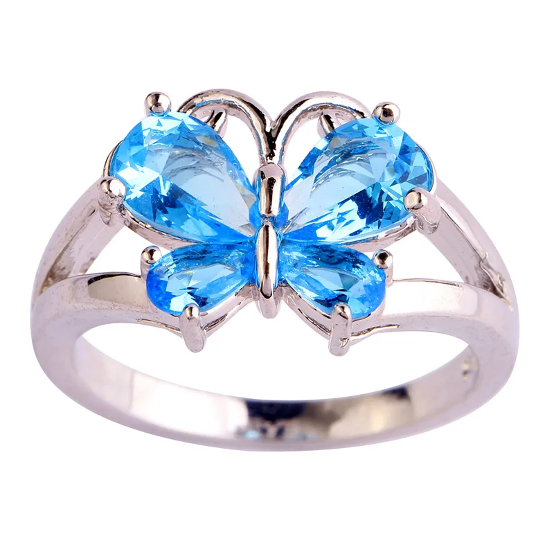 Blue Ring Sz 9 Lingmei, новинка, модные свадебные кольца с бабочкой, синяя Радуга, циркониевое ювелирное изделие для женщин, серебряное кольцо, подвеска, ожерелье, цепь, вечерние, подарки - Окраска металла: Blue Ring Sz 9