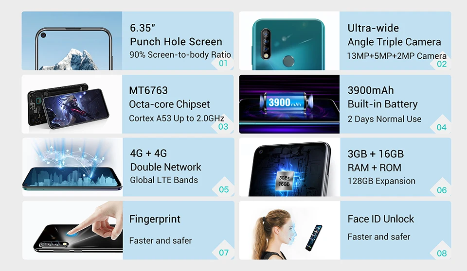 Смартфон OUKITEL C17 6,35 ''с тройной камерой MT6763, четыре ядра, Android 9,0, 3 ГБ, 16 ГБ, распознавание лица, отпечаток пальца, 4G, мобильный телефон, 3900 мА/ч
