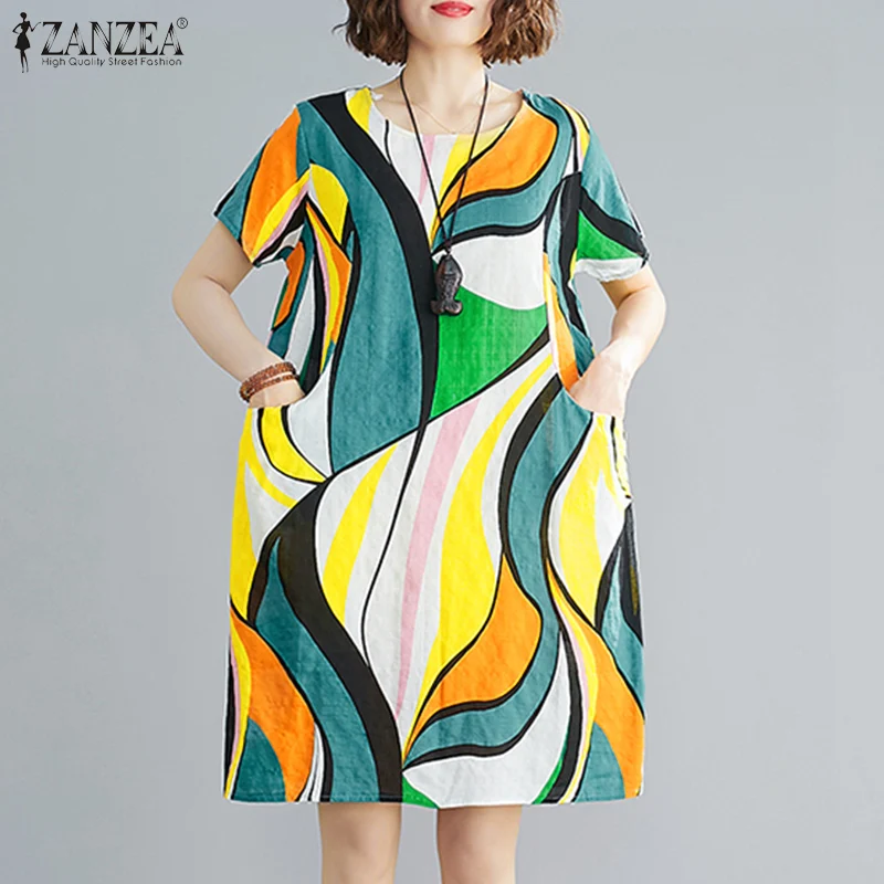 

ZANZEA Woman Stylish CrewNeck Dress Summer Sundress Saias Longas Femme Short Sleeve Robe Geometric Leisure Pockets Midi Vestidos