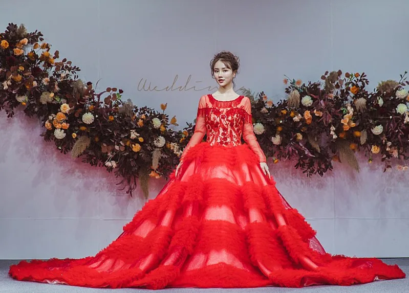 Красное красивое свадебное платье с бисером 2020 новый дизайн круглый вырез