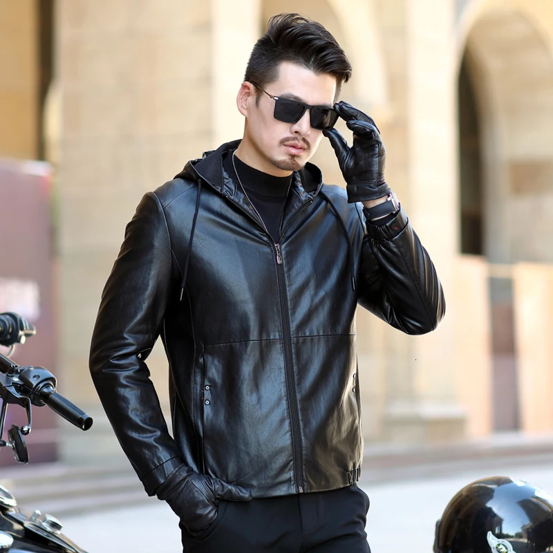 

Motorcycle Winter New Leather Autumn Jacket Men Windbreaker Hooded Male Outwear Warm PU Baseball Jackets