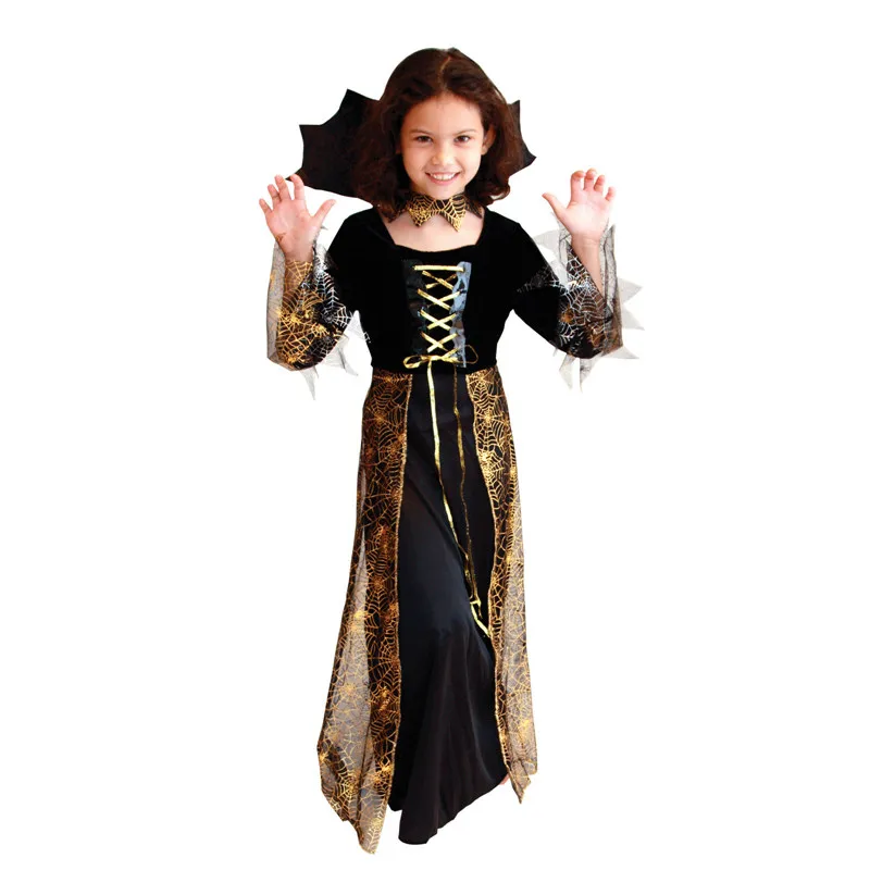 

Child Kids Girls Black Gold Spiderweb Dark Countess Vampire Vampiress Costume Halloween Purim Carnival Masquerade Party Dress