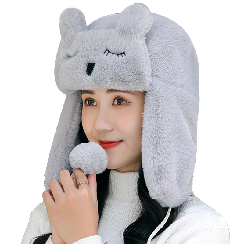 Милая уличная ушанка для девочек шерстяная шапка бомбер теплая зимняя плюшевая