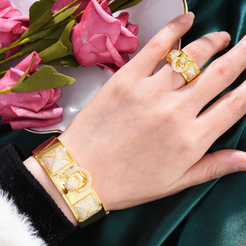 

Blachette New Luxury Disco African Gold Bangle Ring Set Fashion Jewelry Sets For Women Wedding Engagement Party Show Accessories