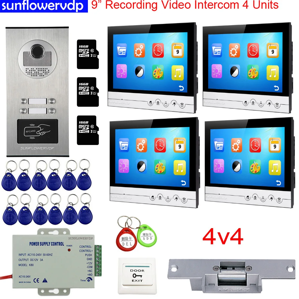 

Recording Video Intercom Kit Four 9inches Color Indoor Monitors Interphone Video For 4 Apartments With Electric Door Lock Kit