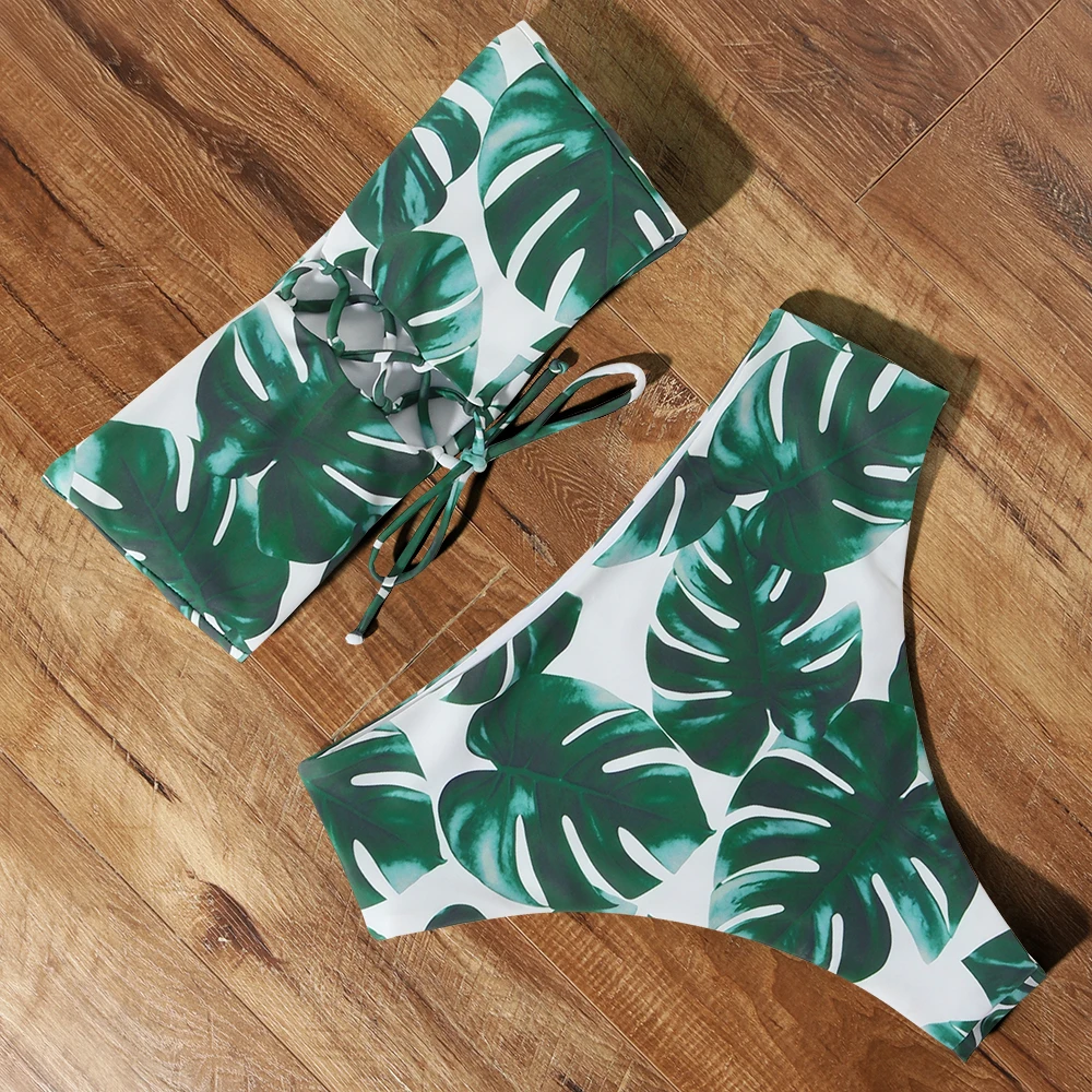 

Sexy Floral Bikini Set 2021 Swimsuit Mujer High Waist Bathing Suit Black Swimwear Women Push-Up Leaf Bandeau Brazilian Biquini