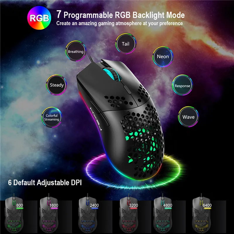 Новая сотовая пустотелая проводная мышь Max 6400 DPI программируемая игровая 6 RGB