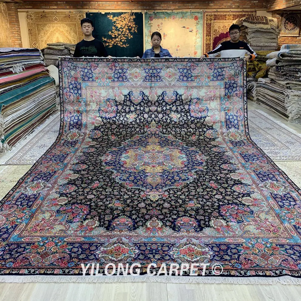 Koop YILONG 10'x14' Handgemaakte Turkije Grote Zijden Kleed Blauw Medaillon Luxe Exquisite Tapijt (ZSH007A)