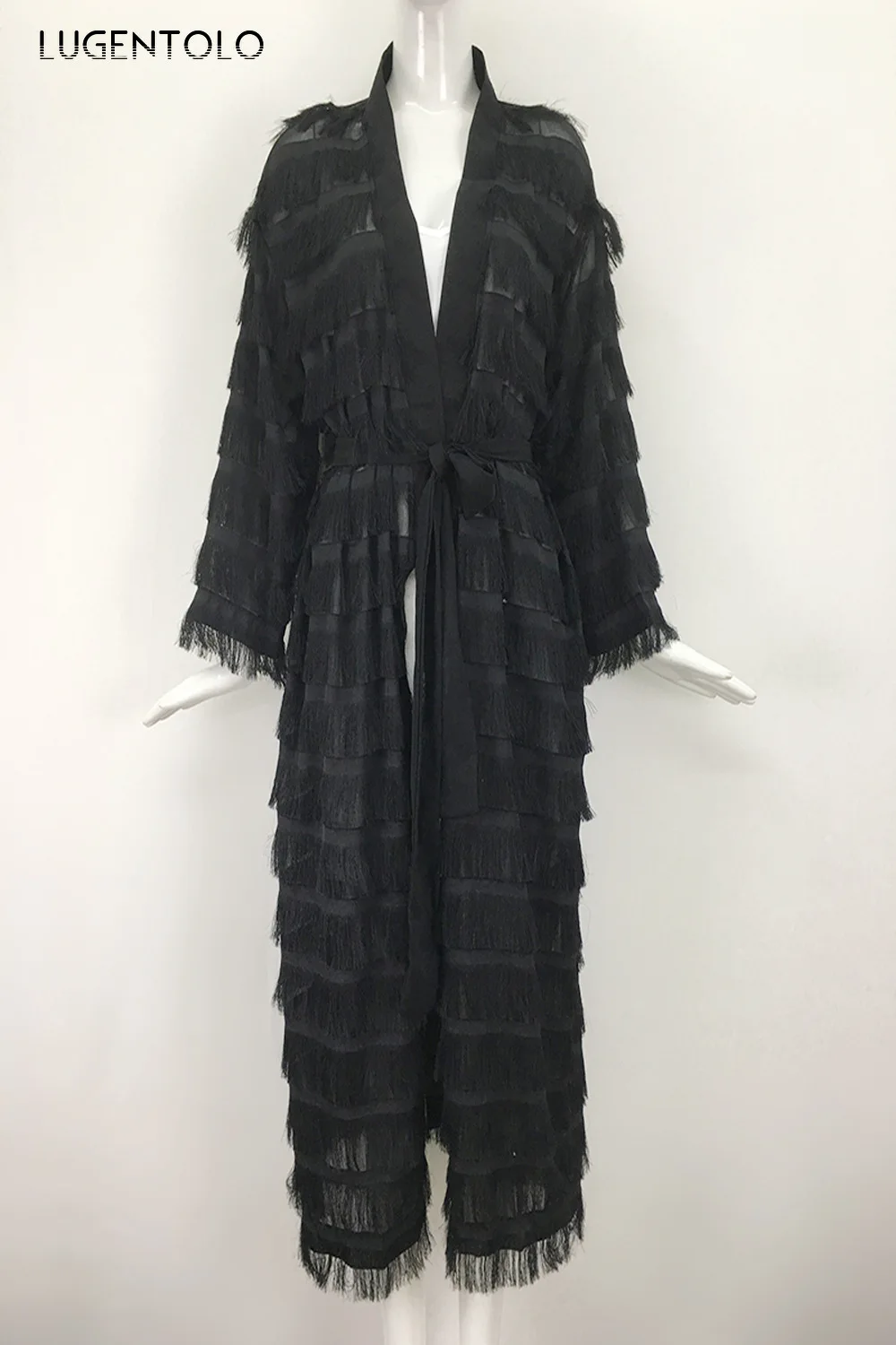 

Lugentolo Women Trench Spring Coat Solid Tassel Long Sleeve Cardigan Coats Female Casual Big Swing Chiffon Fashion Trench