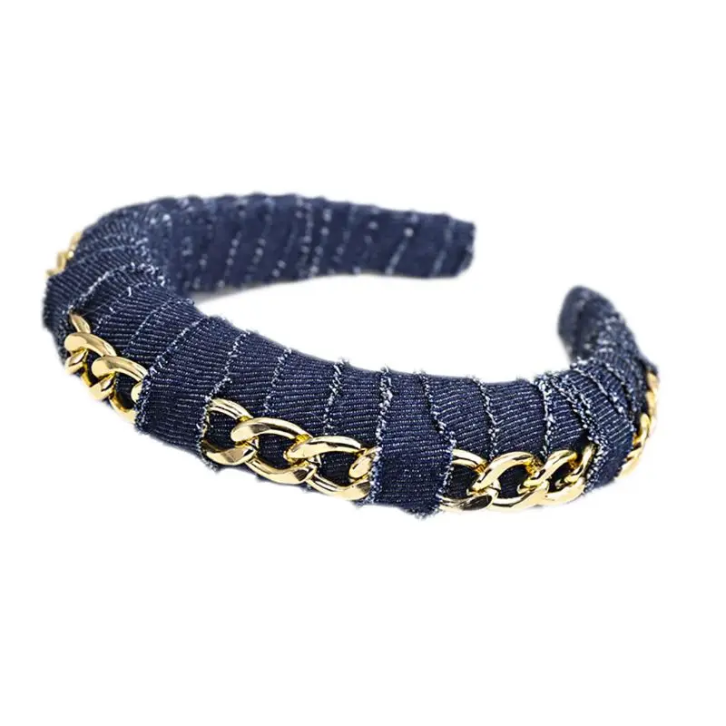 

Women Denim Cloth Twisted Striped Hair Hoop Metal Chain Sponge Padded Hair bands New