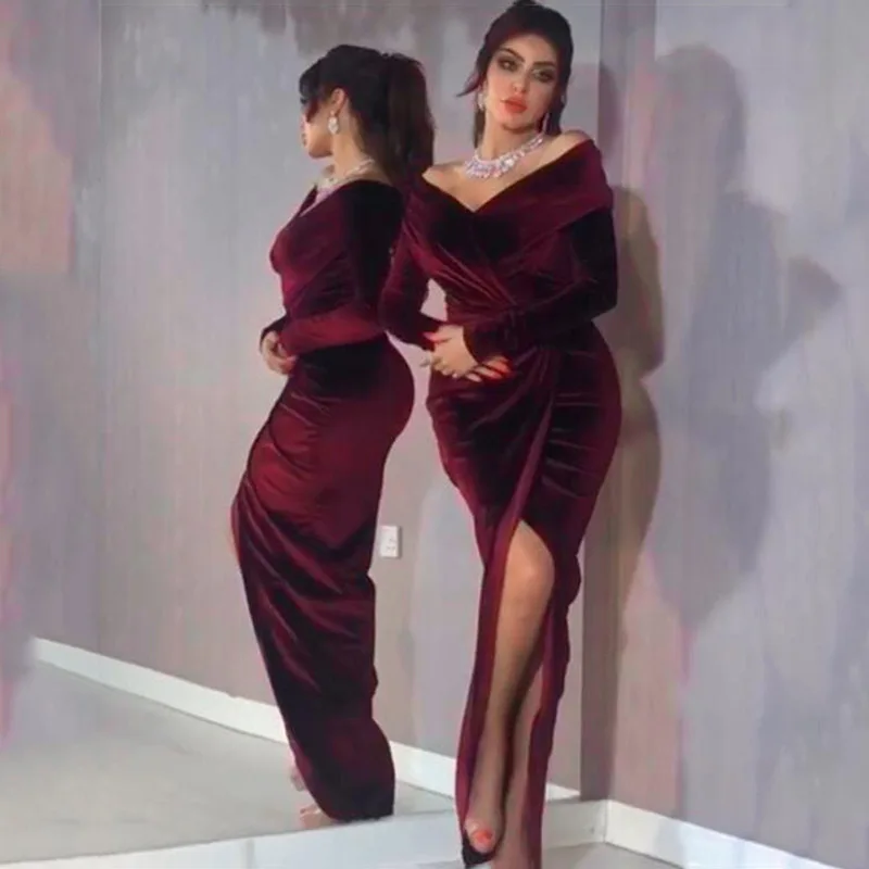 

Off Shoulder Dress Women's Autumn Gold Velvet Long-sleeved V-neck Sexy Dresses 2021 Elegant Vintage Party Split Long Dress