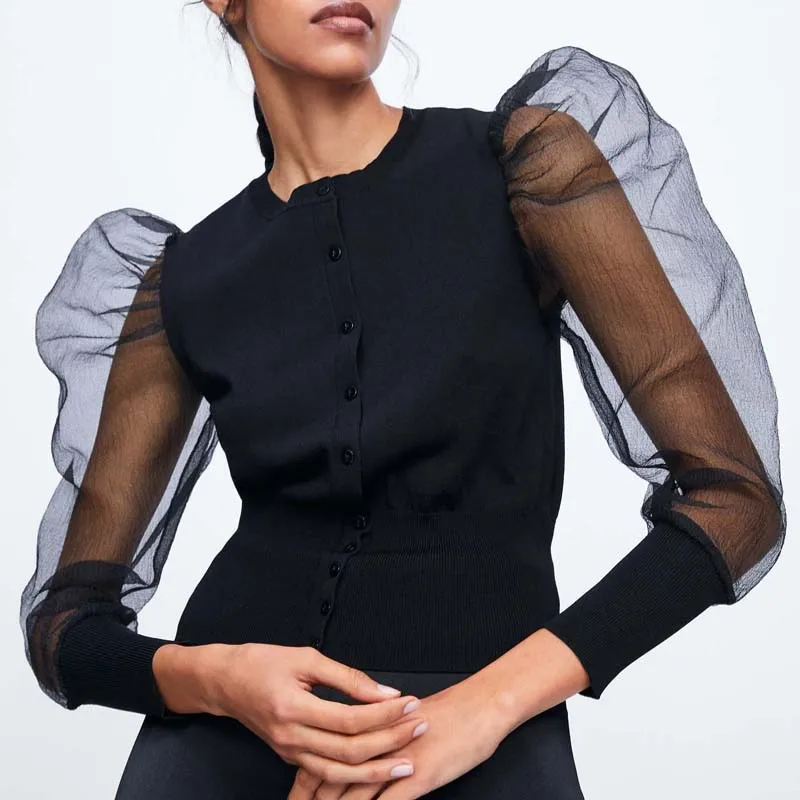 Модная женская сетчатая куртка с круглым вырезом черные прозрачные куртки